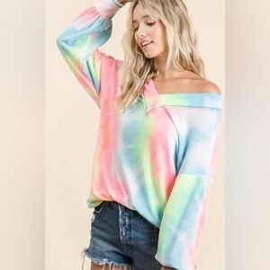BiBi Tie Dye French Terry V-Neck Top with Puff Sleeves